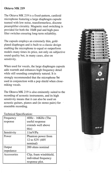 Oktava MK219 specsheet