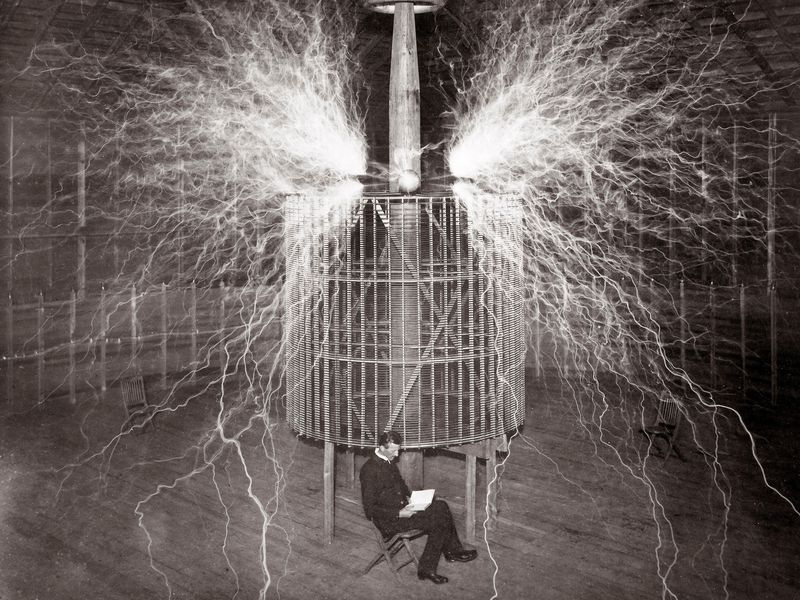 Nikola Tesla with electric bolts