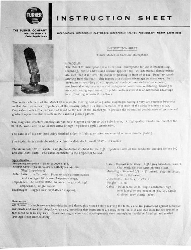 Turner 98 instruction sheet